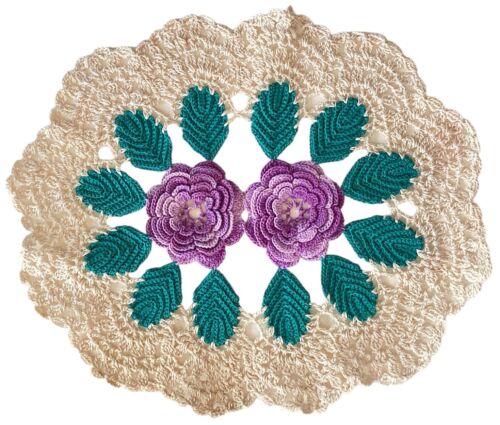 Handmade Crocheted DOILEY Flower Lace Doily  Beige Purple Green 22 x 18cm Doilie - Picture 1 of 4