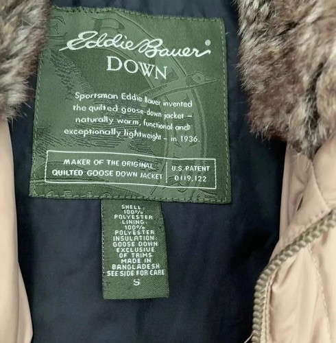 Eddie Bauer Coat Womens Small Tan Jacket Goose Down Brown Full Zip Quilted Stain - Picture 5 of 6