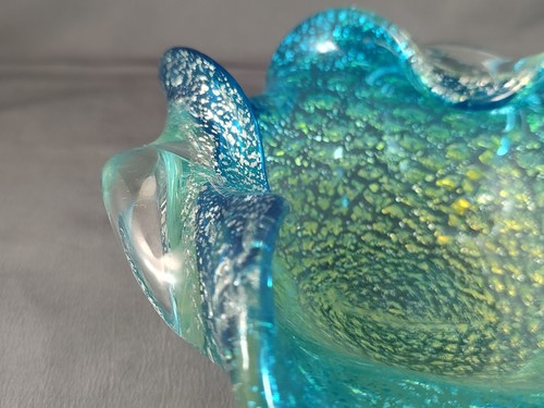 Vintage 1950s Murano Glass Archimede Seguso Bullicante Bowl Blue Yellow Silver - Picture 11 of 20