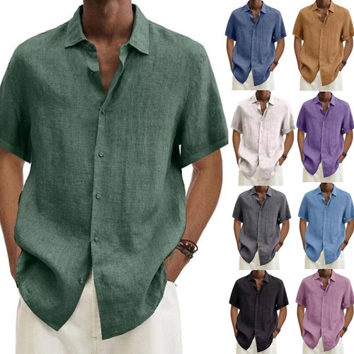 Mens Cotton Linen Short Sleeve Shirt Button-down Loose Solid Blouse T Shirt Tops - Bild 3 von 20