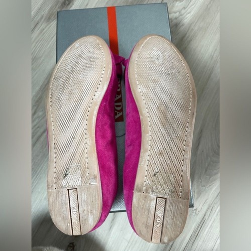 Prada Pink Peonia Suede Round Toe Logo Bow Ballet Flats 37.5 - Picture 9 of 11