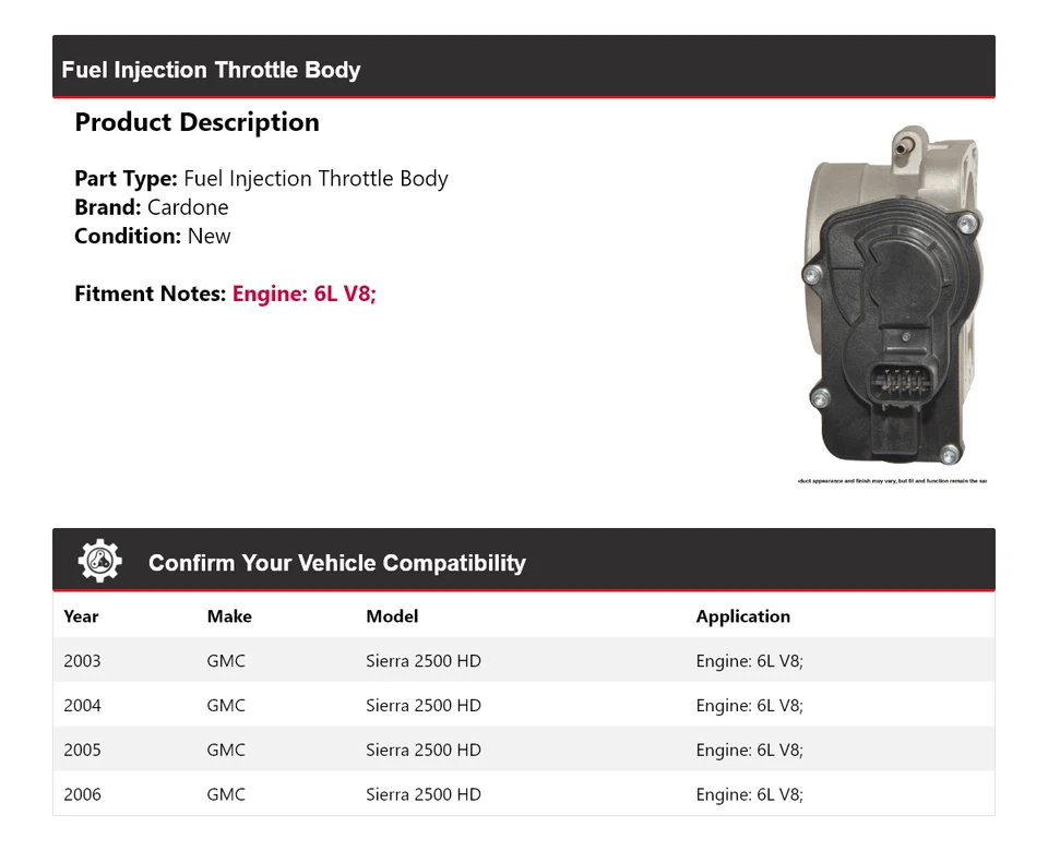 Carrocería de acelerador de inyección de combustible Cardone 2004 para GMC Sierra 2500 HD 6L V8 2003-2006 Foto 2 de 4