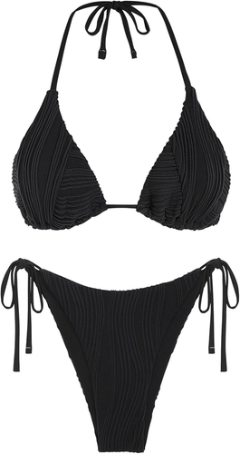 Bikini Set Womens 2Pc Halter Swimsuit Ribbed High Cut Tie Side Thong - Picture 7 of 12