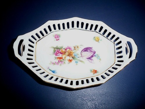 Schumann Bavaria Dresden Line Reticulated Flowers Gold Trim Nut Dish Basket - Picture 2 of 6