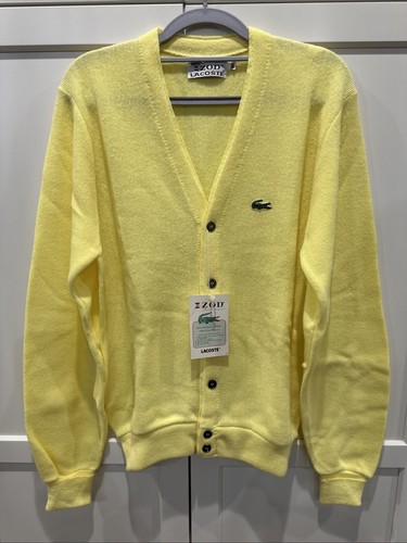 Izod Lacoste Vintage Cardigan Sweater Men MEDIUM Yellow Orlon Acrylic Union USA - Picture 1 of 6