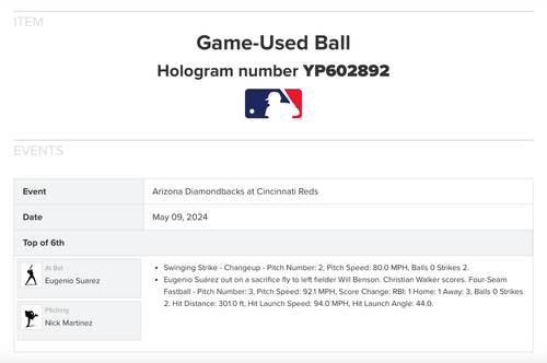 EUGENIO SUAREZ '24 AZ D-BACKS RBI Sacrifice Fly MLB Game Used Baseball MARINERS - Picture 2 of 4