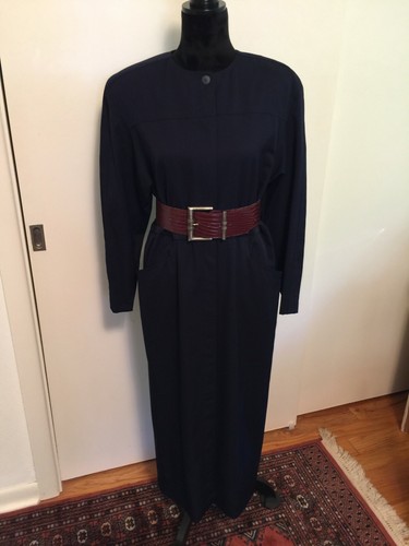 Selina Dynasty Era Long Wool Navy Dress with Belt 1987 Size 10 Made in Canada - Picture 2 of 6