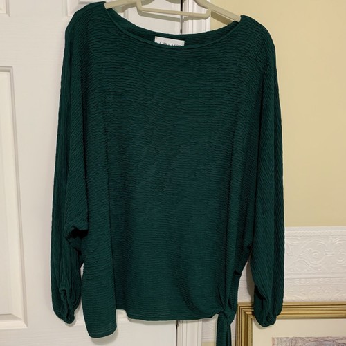 Textured Forest Green Long Sleeve Wide Arm Dolman Shirt w/ Side Tie Size Large - Picture 2 of 7