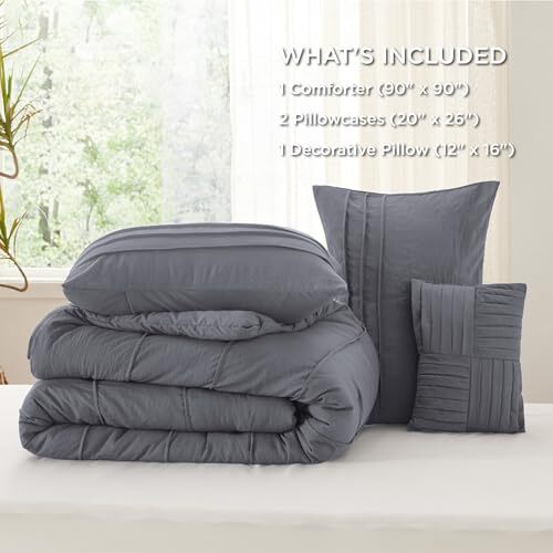 Dark Grey Comforter Set - 4 Pieces Pinch Pleat Bed Set, Queen 13 - Dark Grey - Picture 7 of 8