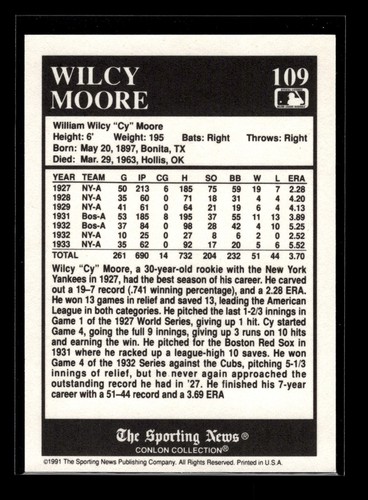 1991 The Sporting News Conlon Collection #109 Wilcy Moore '27NY (NM)(BAS) - Picture 2 of 2