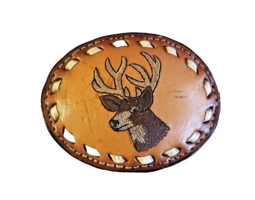 DEER ELK Belt BUCKLE with White BUCKSTITCHING Genuine LEATHER Hunting Antlers - Picture 18 of 26