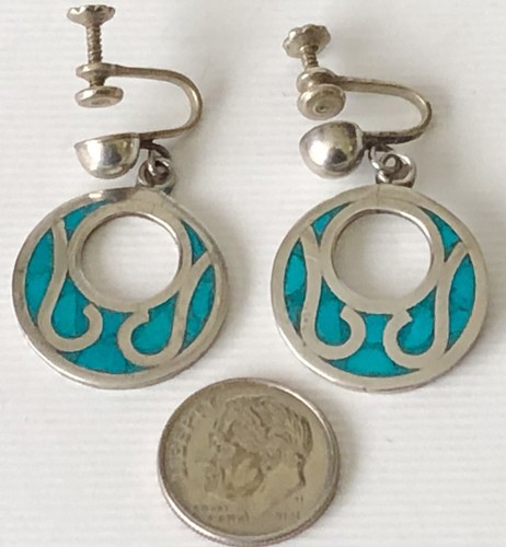 Vintage Mexico 925 Sterling Silver & Turquoise Inlay Screwback Earrings Modern - Afbeelding 1 van 4