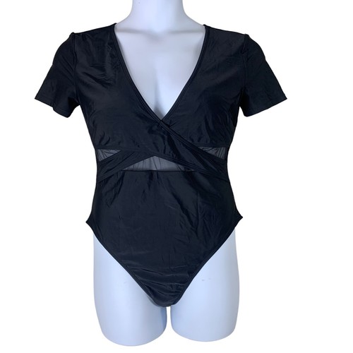Cupshe Swimsuit Size Large Black Sheer Accent Short Sleeved One Piece