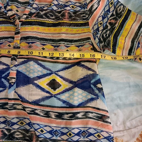 Living Doll Women's Sheer Top V- Neck Aztec Print Long Sleeves Size L - Picture 5 of 6