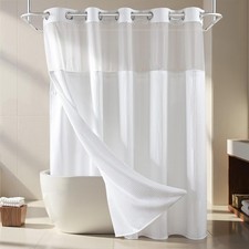 White Fabric Shower Curtain Set, Cotton Blend, Waffle Weave, with Snap in Rep...