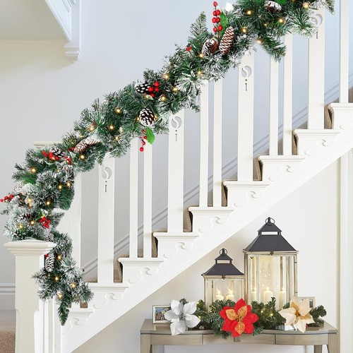 9FT Flocked Pre-Lit Artificial Christmas Garland Berry Pinecone Dunhill Lights - Picture 2 of 7