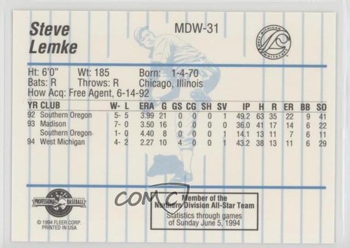 1994 Fleer ProCards Midwest League All-Star Game Steve Lemke #MDW-31 - Picture 2 of 4