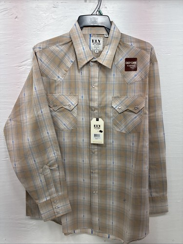 New Men’s ELY Cattleman Tan Plaid Western Long Sleeve Pearl Snap XL T-2