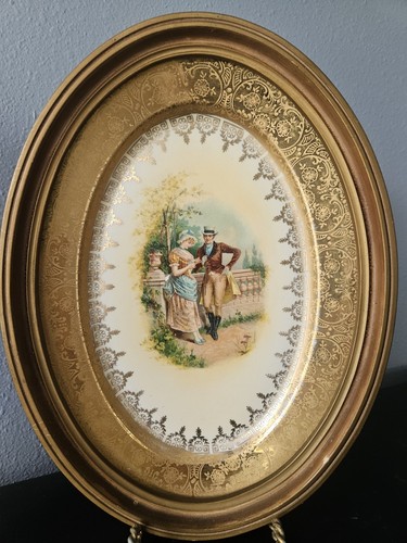 Vtg Wood Framed Oval Porcelain Plates "HandPainted" Portraits Victorian Couple - Picture 2 of 10