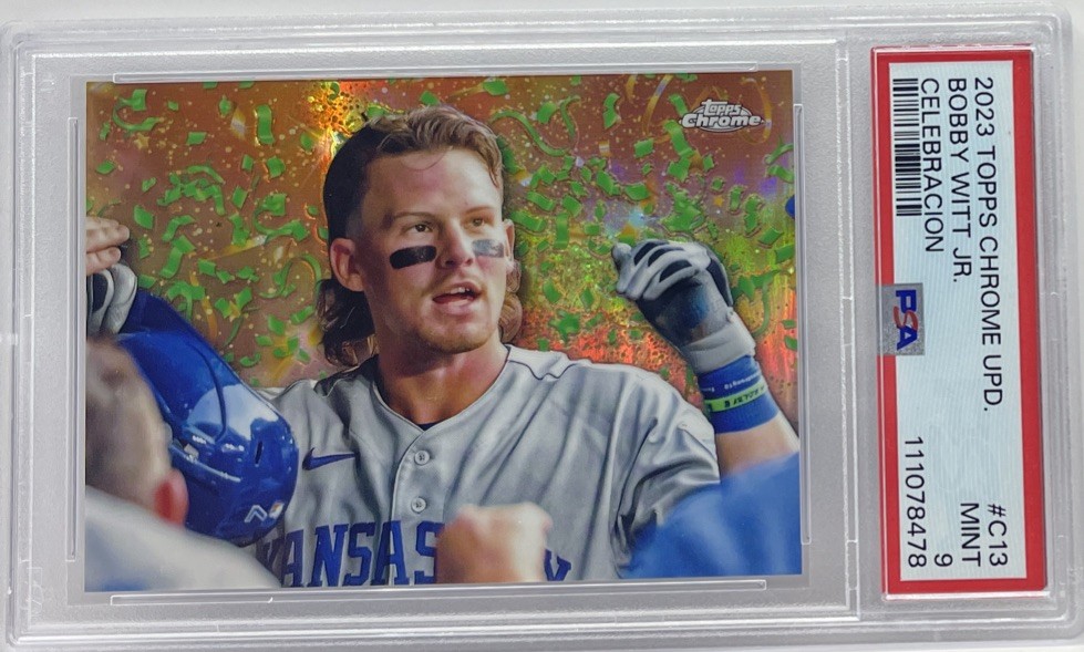 2023 TOPPS CHROME UPDATE CELEBRACION #C13 BOBBY WITT JR. #17/99 PSA 9 ROYALS SP
