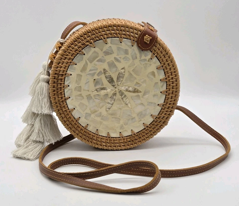 Shell Inlaid Purse Hand Woven Round Rattan Straw Bohemiam Crossbody Strap Tassel - Image 2 of 4