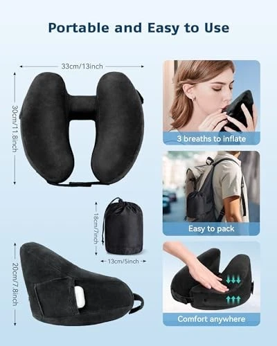 Travel Pillow Inflatable Neck Pillow Airplane Pillow with Velvet Medium Black