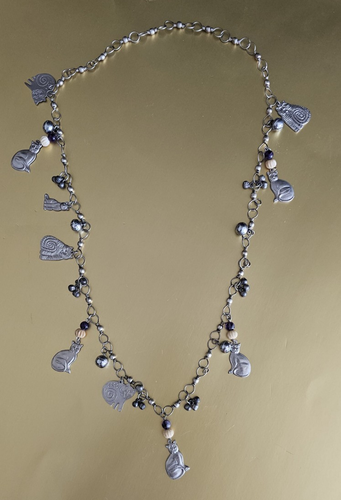 Vintage Artisan Cat Charm Necklace Chain Silver Tone Dangles Beads 32" Kittens - Picture 2 of 7