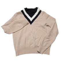 Helmut Lang Sweater Womens M Tan V-Neck Pullover Colorblock Italian Yarn