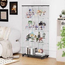 Modern Floor Standing Storage Cabinet 4 Tier Glass Display Cabinet w/Lock&Wheels