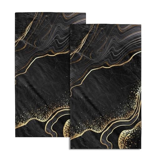 Black Gold Marble Hand Towel Set of 2, Marble Texture 14.4x28.3in Marble-black - Picture 1 of 7