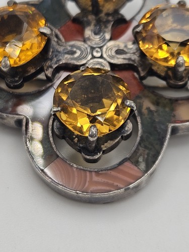 Antique Victorian Scottish Sterling Silver Stone Inlay Yellow Glass Brooch Pin - Picture 4 of 24