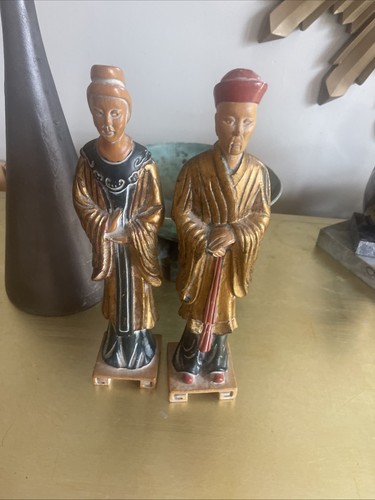 2pc Set Vintage Hand Carved Wood Polychrome Asian Man & Woman Figures 13.5” - Picture 9 of 9