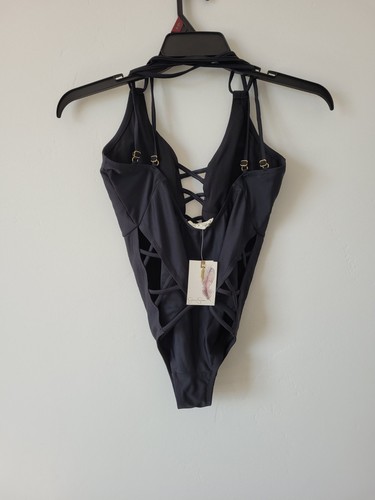 NUEVO Traje de baño Jessica Simpson de una pieza con tiras negro playa piscina vacaciones mediano - Imagen 7 de 9