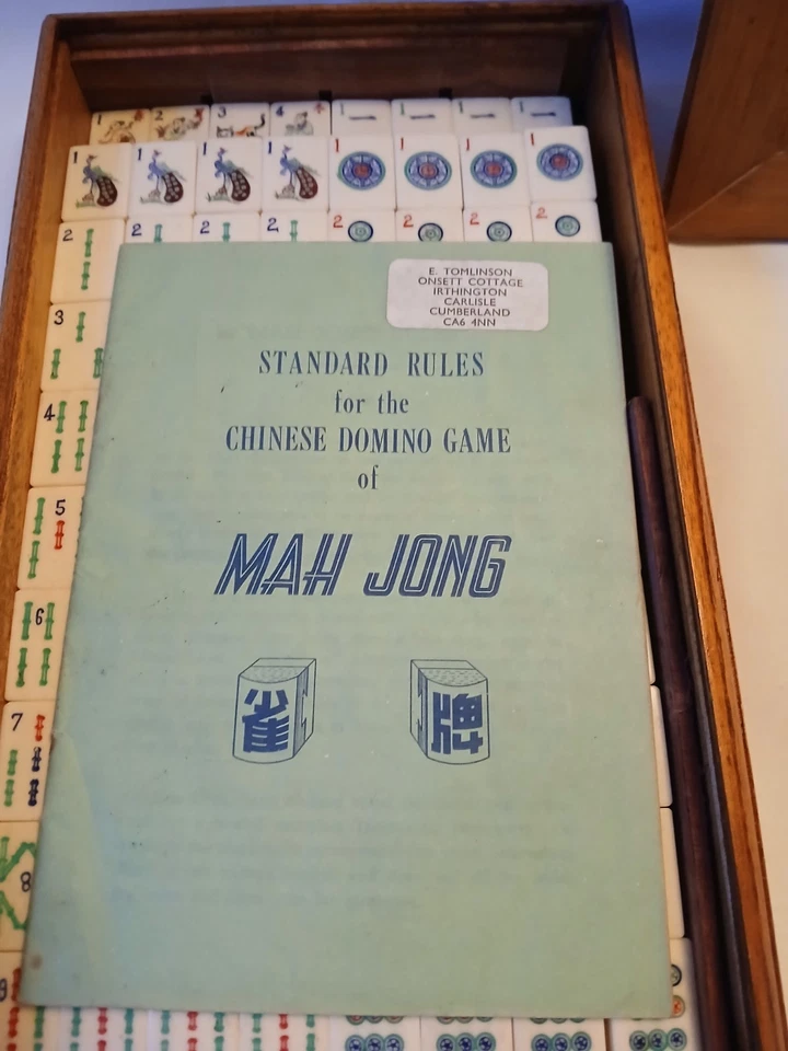 Mahjong Set Oriental Golden Wood Box 152 Bone & Bamboo Tiles Case Mah Jong Jongg - Image 2 of 4