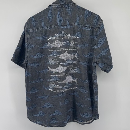 Tommy Bahama Marlin Bar Silk Button Down Shirt Gray Fish Print M/M - Picture 6 of 9
