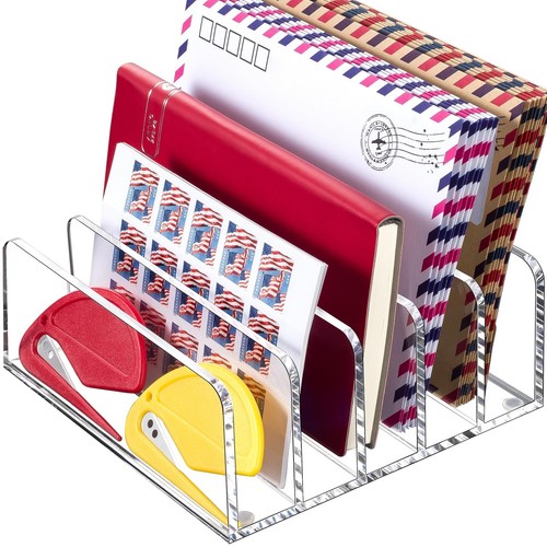 Acrylic Mail Holder, Clear Desk Organizer with Divider, Vertical Letter Sorte... - Foto 7 di 8
