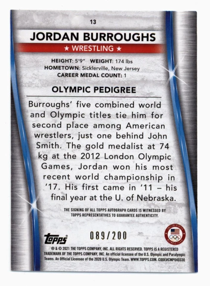 2021 Topps U.S. Olympic & Paralympic Team #13 Jordan Burroughs Autograph 89/200 - Image 2 of 2
