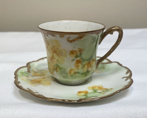 Antique Coronet Limoges France Demitasse Cup and Saucer Yellow Flowers Gold Trim