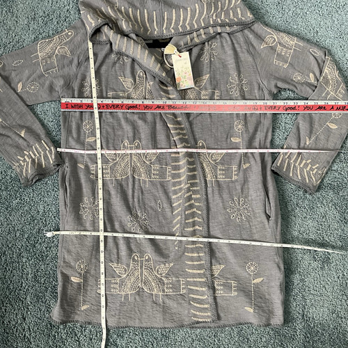 NWT$340 Biya Johnny Was Gray Holland Open Front Hoodie Birds Cardigan - Picture 12 of 15