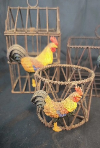 4pc Set Rooster Rusted Metal Basket Farm Chicken Eggs Rustic Decorative Birds - Picture 5 of 9