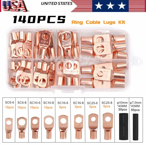 140/280Pcs Battery Cable Lugs Eyelets Copper Ring Terminal Crimp Wire Connectors - Picture 22 of 48