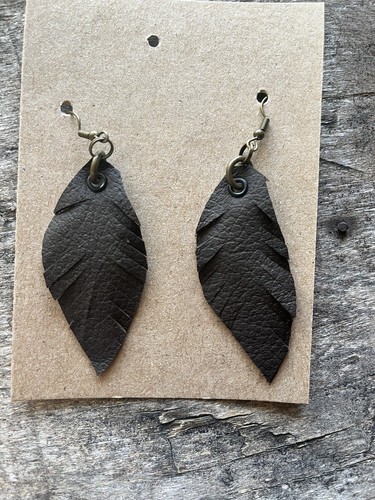 Dark Brown Leather Feather Earrings BOHO Handmade 3" Drop New! - Picture 1 of 4