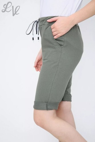 size 14 Women's Khaki Green Drawstring Waist Stretch Cotton Jogging Shorts - Picture 4 of 5
