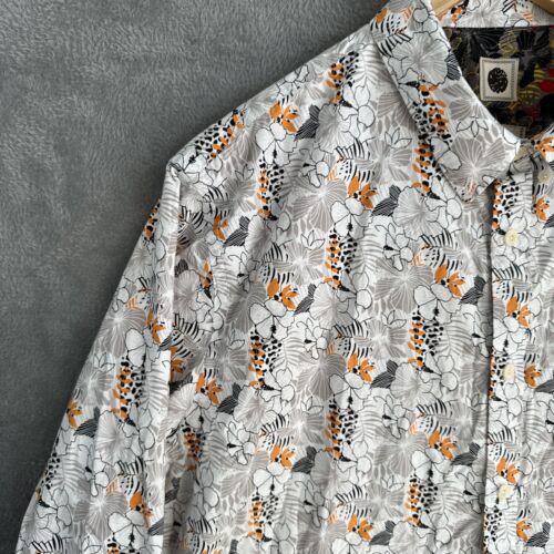 Pretty Green Shirt Men's Large Slim Fit Floral Botanic Long Sleeve White Orange - Picture 2 of 13
