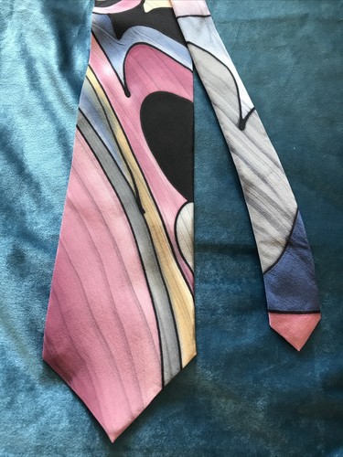 Bold Pattern Lauren Meryl Hand Painted All Silk Men’s Necktie 4” x 59” - Afbeelding 1 van 6