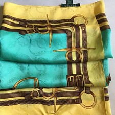 LAUREN RALPH LAUREN 100 silk scarf Equestrian Square 36 Turquoise Yellow Mint