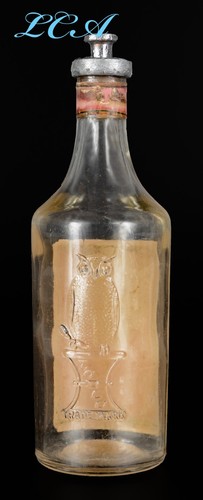 Antigua botella de droga de búho ron de bahía con foto búho cornudo y coloridas etiquetas de papel originales - Imagen 2 de 6
