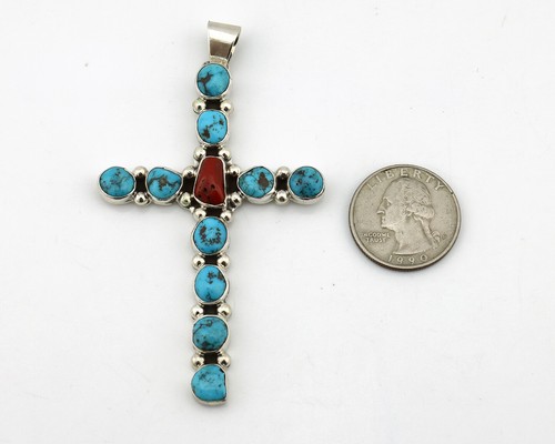 Zuni Handmade Cross Necklace 925 Silver Coral & Turquiose Artist Signed JWJ C80s - Picture 6 of 8