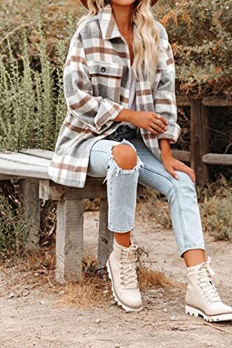 Women's Flannel Plaid Shacket Long Sleeve Button Down Shirts Medium Khaki Grey - Picture 4 of 7
