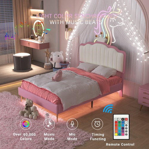 Twin Size LED Upholstered Princess Bed with Crown Headboard Platform Bed - Picture 3 of 15